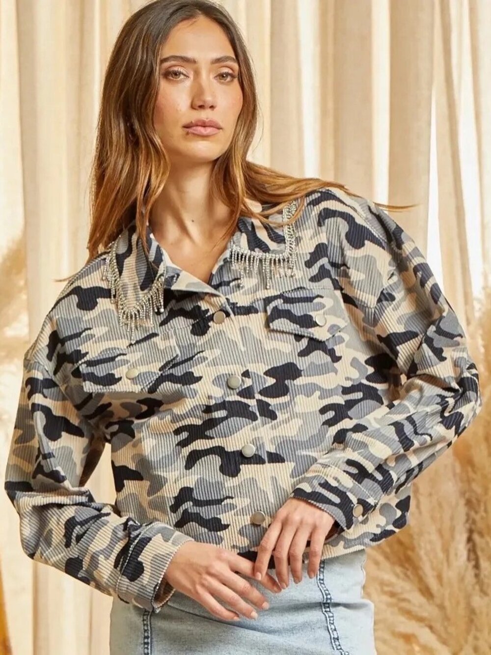 Savanna Jane Camo Rhinestone Women’s Corduroy Jacket Size 1X Button Up Shacket
